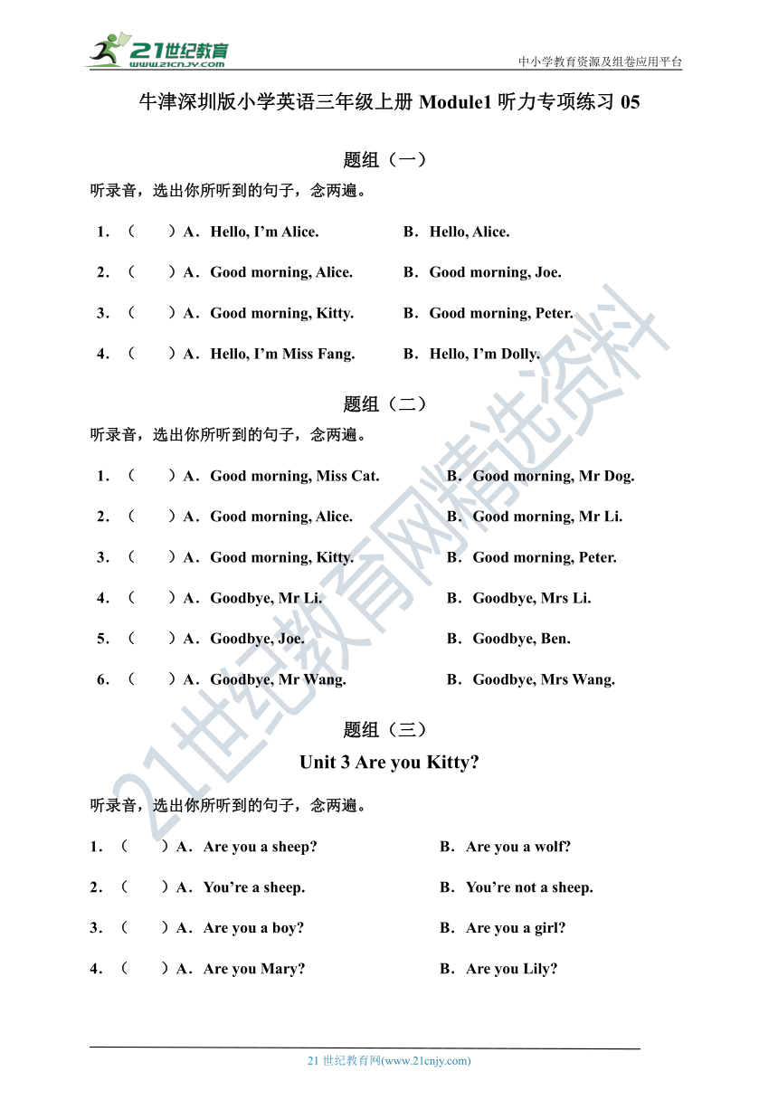 牛津深圳版小学英语三年级上册Module1听力专项练习05（含听力原文，无音频）