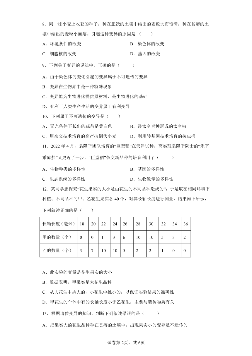 人教版八年级下册7.2.5生物的变异（含解析）