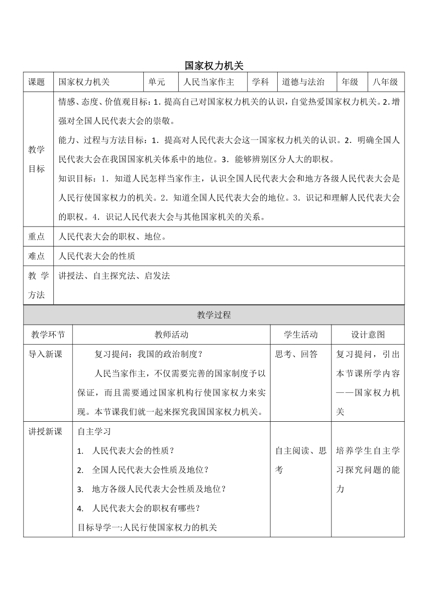 6.1国家权力机关  教案 （表格式）