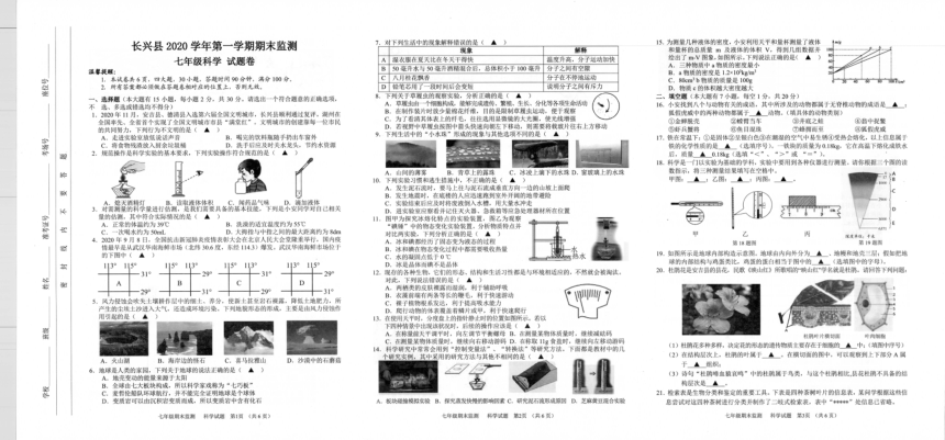 浙江省湖州市长兴县2020学年第一学期期末监测七年级科学试题卷（PDF版 无答案）