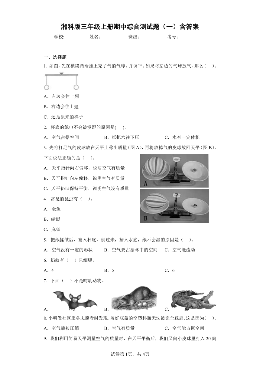 湘科版（2017秋）三年级上册科学期中综合测试题（一）含答案