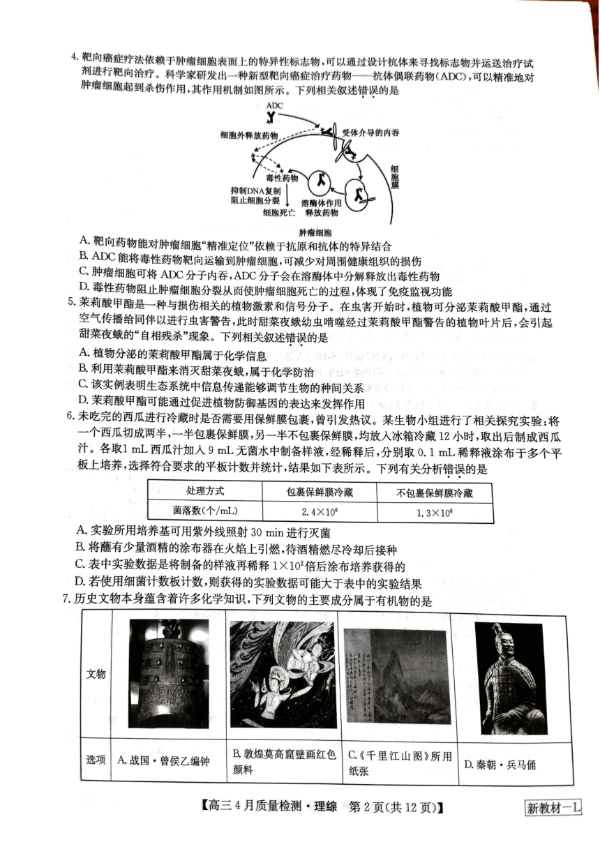 2024届河南省九师联盟2023-2024学年高三下学期期中4月联考理综试题（PDF版无答案）