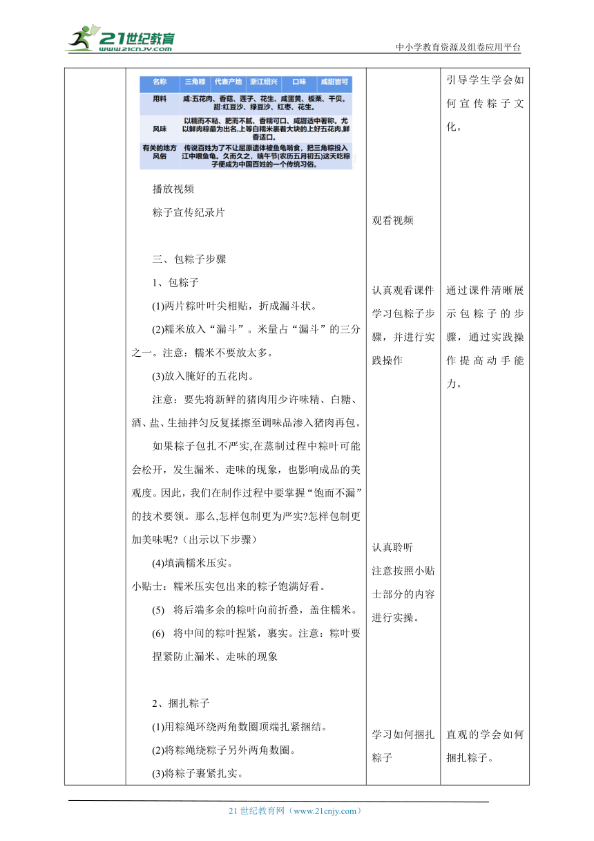 【核心素养目标】浙教版劳动七下项目一任务三《学包粽子》教案