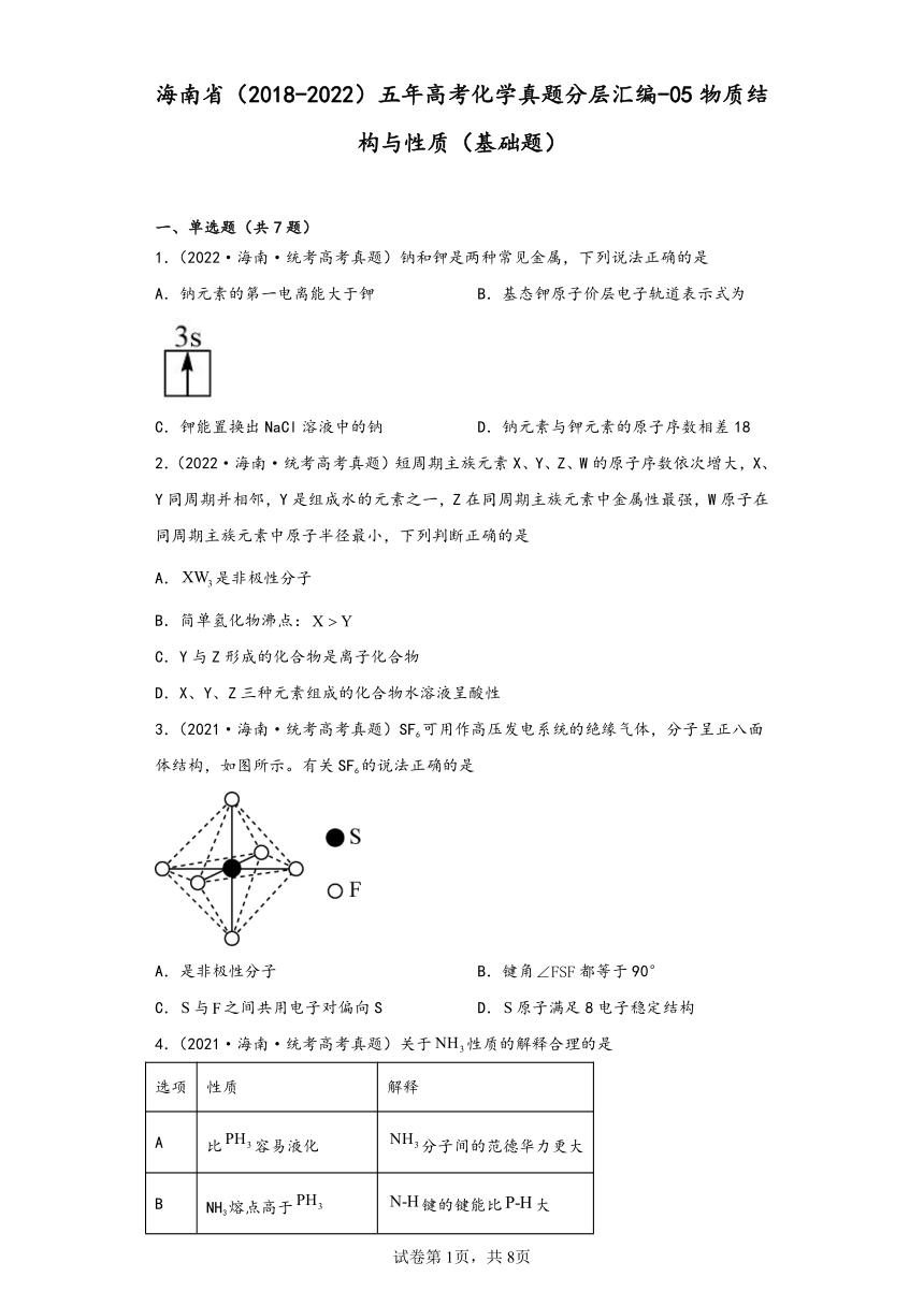 海南省（2018-2022）五年高考化学真题分层汇编-05物质结构与性质（基础题）（含解析）