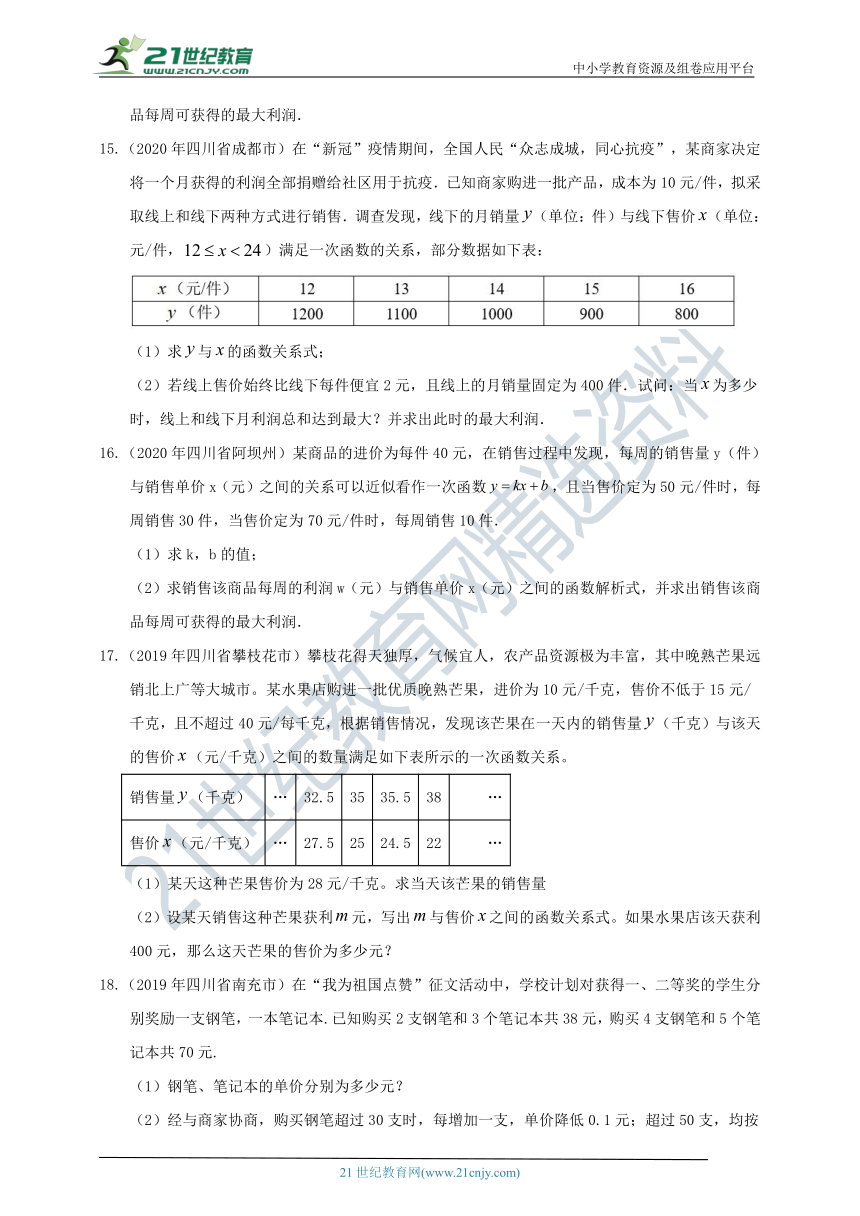 四川中考数学2019-2021真题分类精编精练11二次函数的应用（含解析）