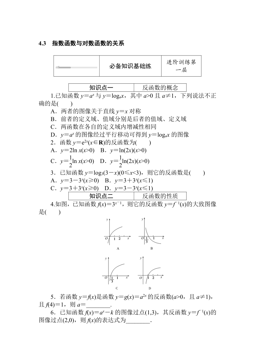 人教B版（2019）高中数学 必修第二册同步训练 4.3　指数函数与对数函数的关系（反函数）word版含答案