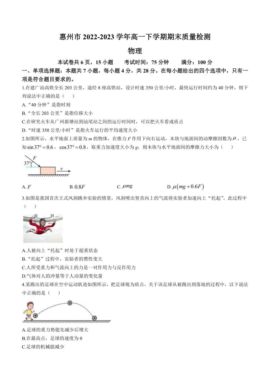 广东省惠州市2022-2023学年高一下学期期末质量检测物理试题(无答案)