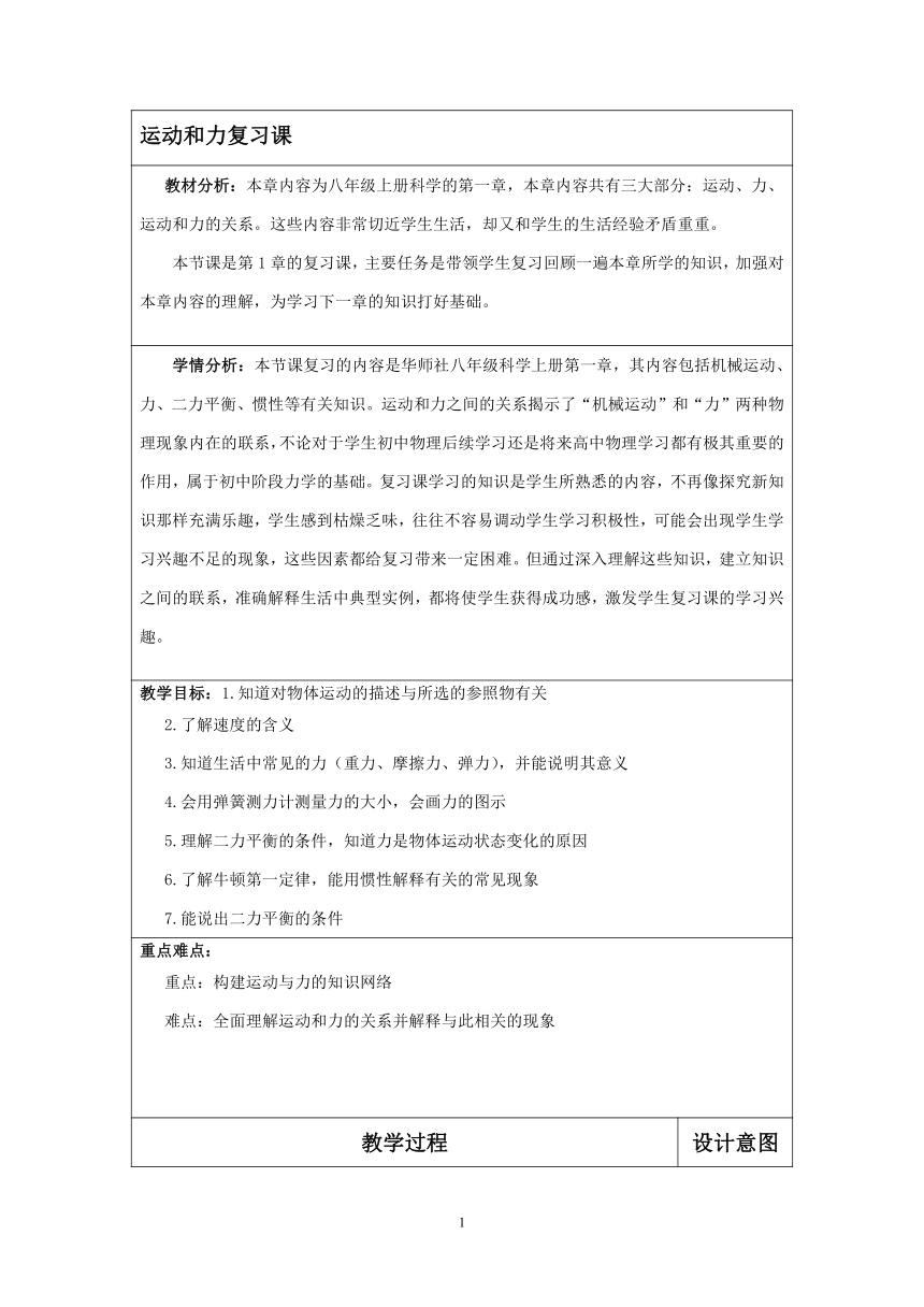 人教版八年级下册物理 8.4运动和力 本章复习 教案