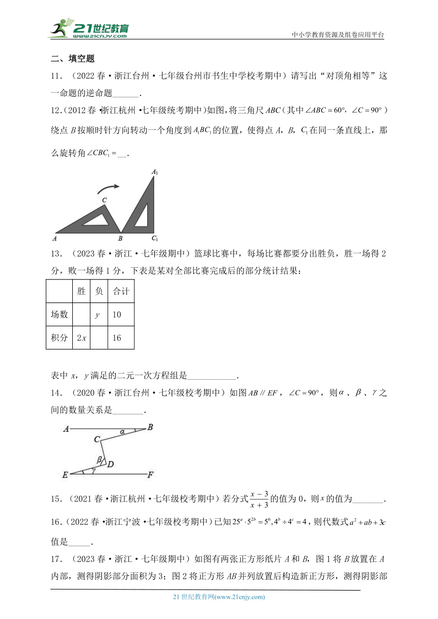 浙江地区七年级下学期期中考试数学必刷题1（含解析）