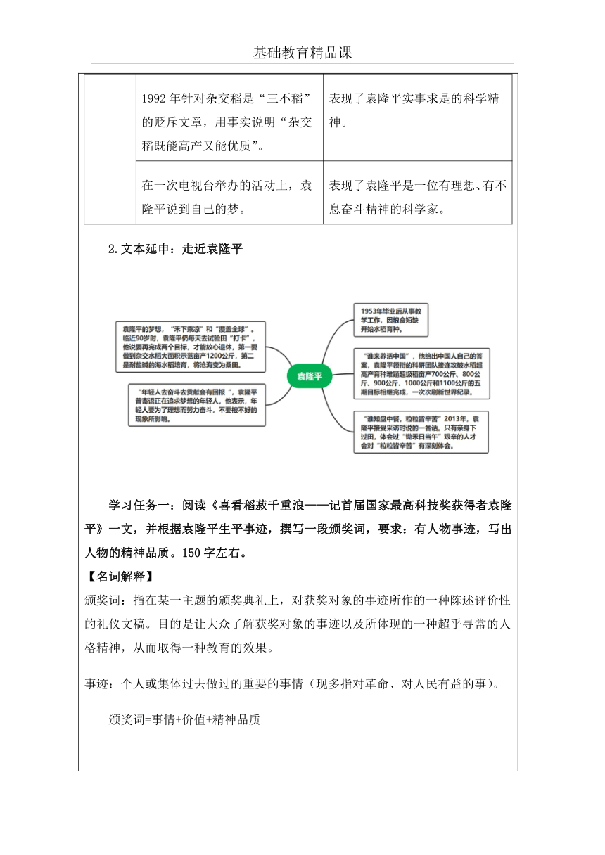 2021-2022学年统编版高中语文必修上册4.1《喜看稻菽千重浪——记首届国家最高科技奖获得者袁隆平》教学设计