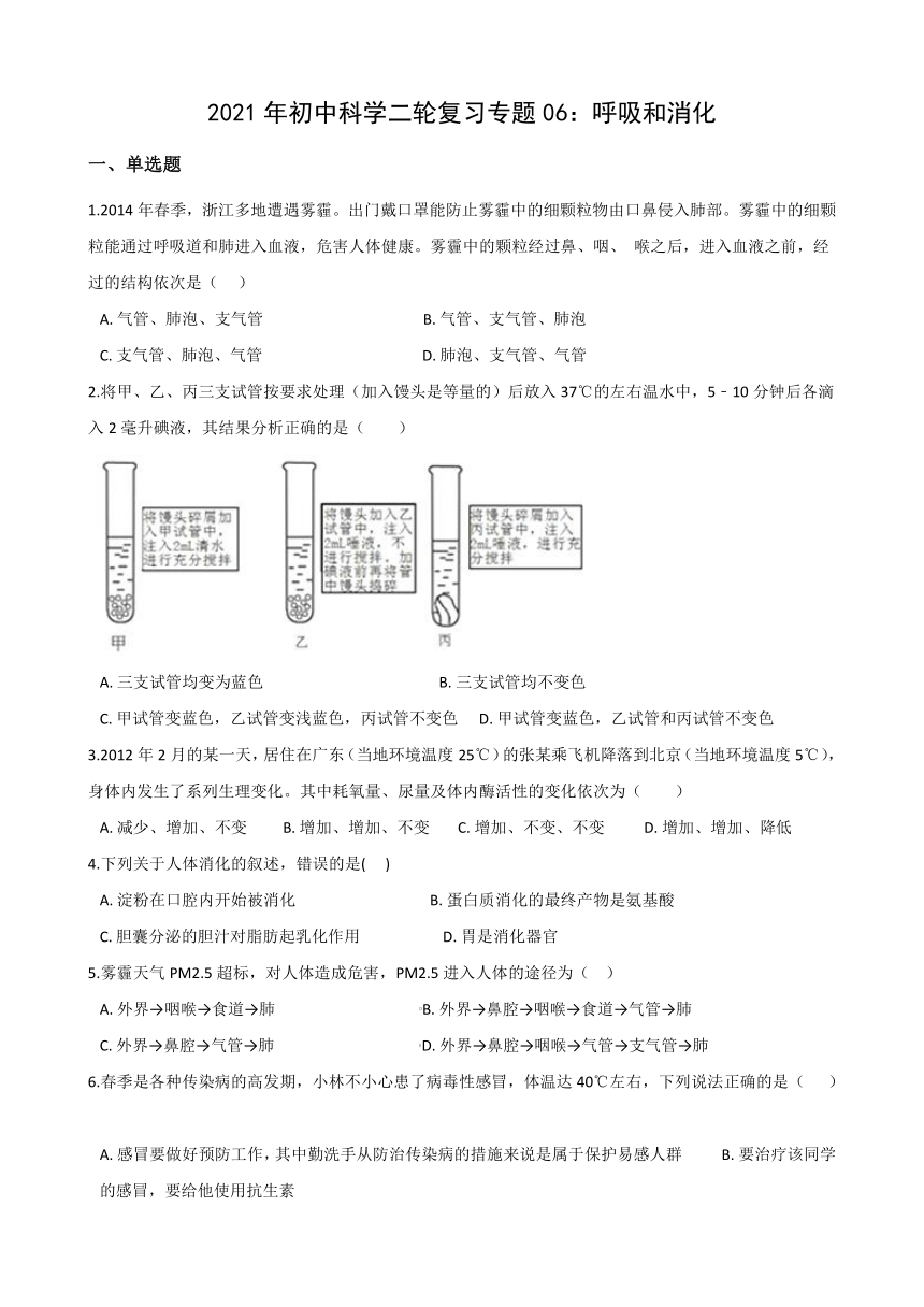 2021年初中（浙教版）科学二轮复习专题06：呼吸和消化 (含解析)