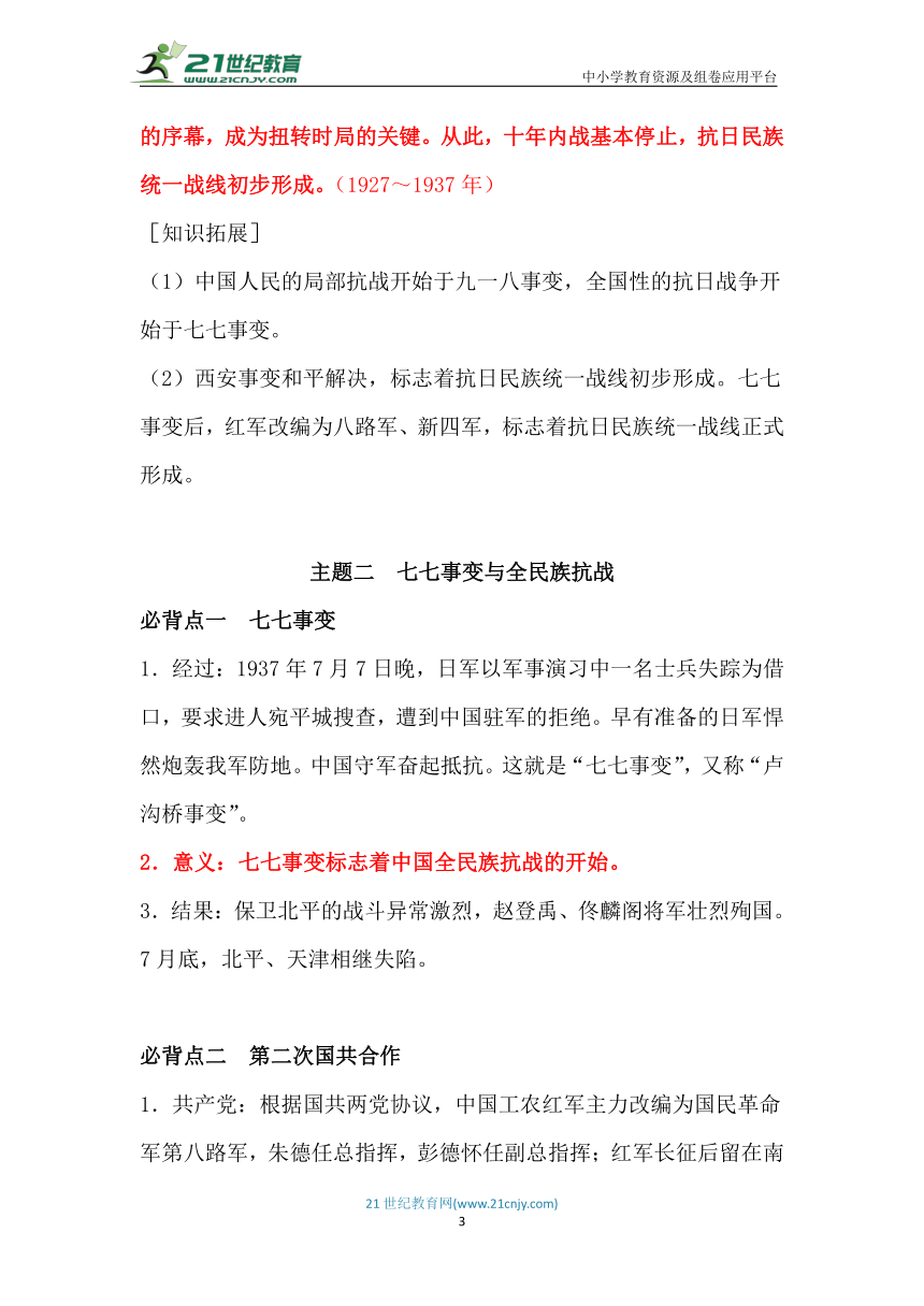 第六单元  中华民族的抗日战争  单元知识要点总结