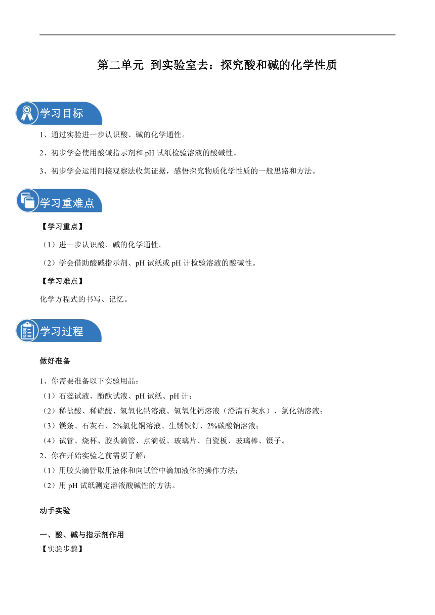 第二单元 到实验室去：探究酸和碱的化学性质 同步学案 初中化学鲁教版（五四学制）九年级全一册（2022年）