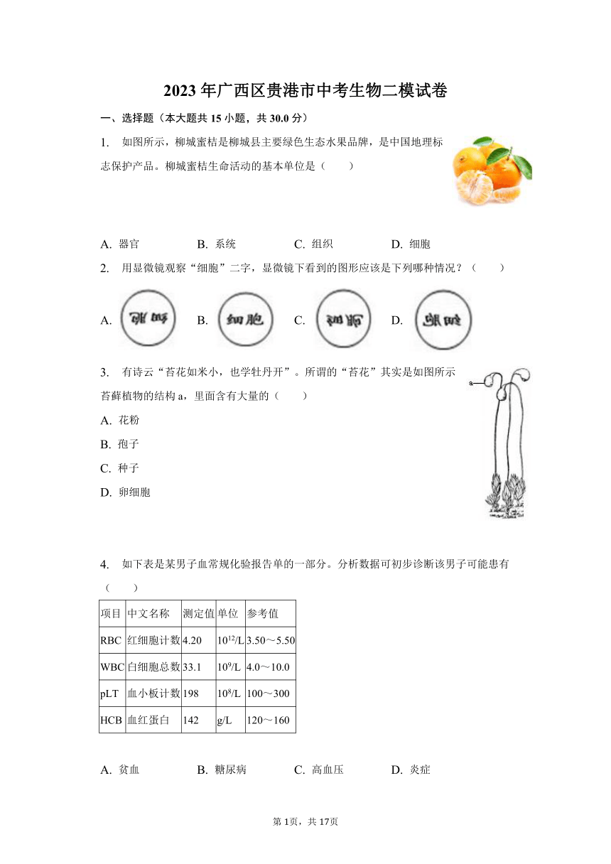 2023年广西区贵港市中考生物二模试卷（60分制）（含解析）