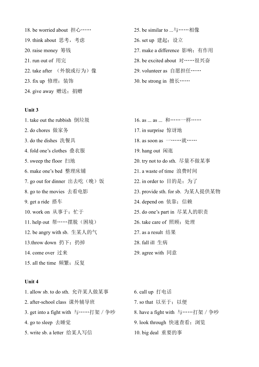 Unit 1-Unit 10 单元常用短语  人教版八年级英语下册