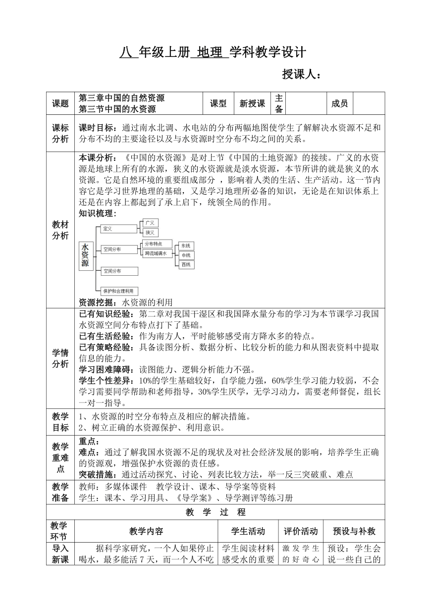 3.3 水资源 教案 （表格式）