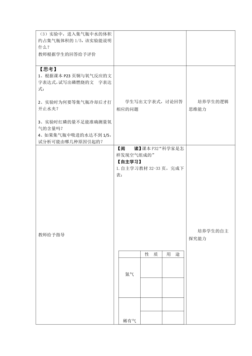 粤教版（2012）初中化学九年级上册 2.1  空气的成分  教案(表格式）