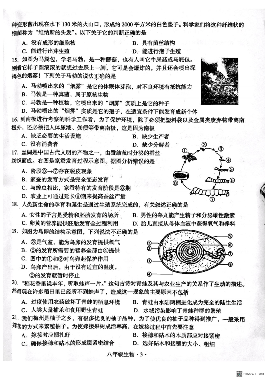 广东省梅州市丰顺县期末考试生物试题（PDF版无答案）2022-2023学年八年级上学期