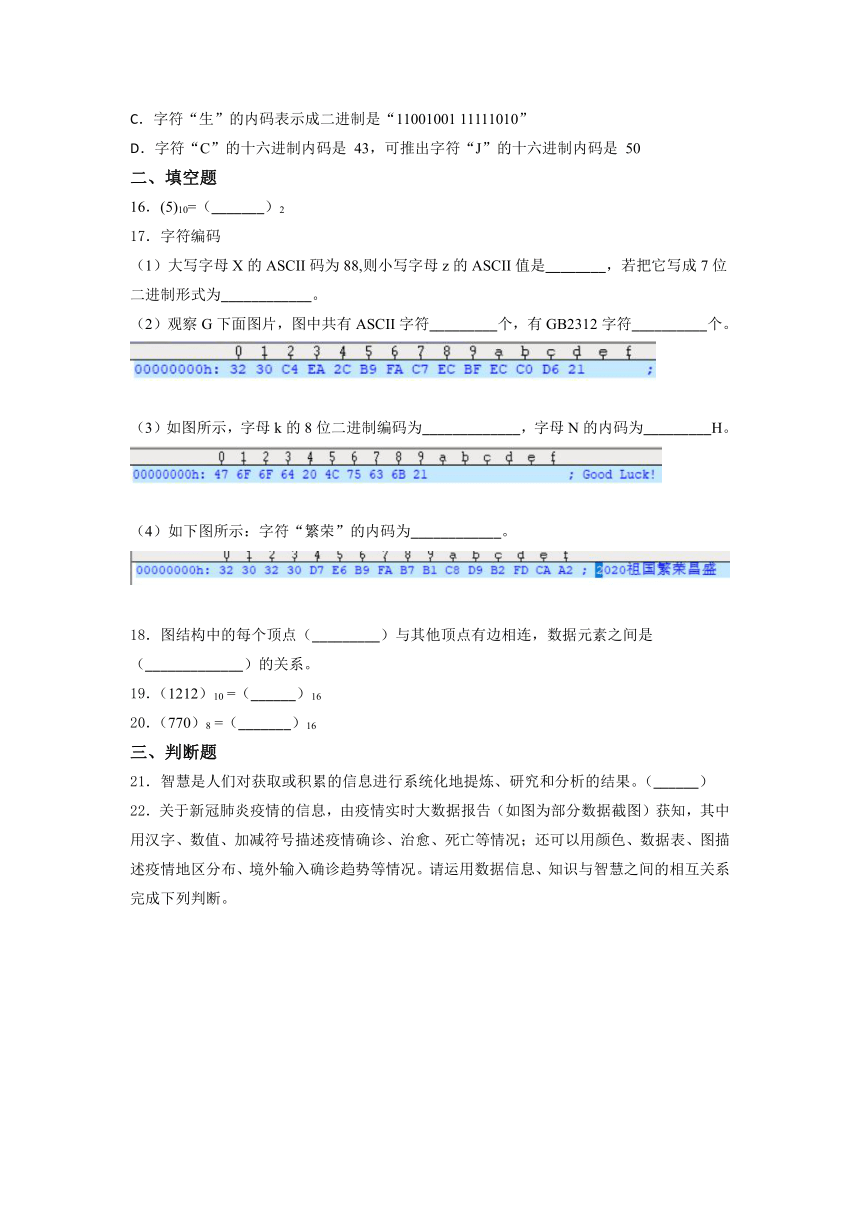 粤教版（2019）高中信息 技术 必修 1第一、二章  综合训练（含答案）