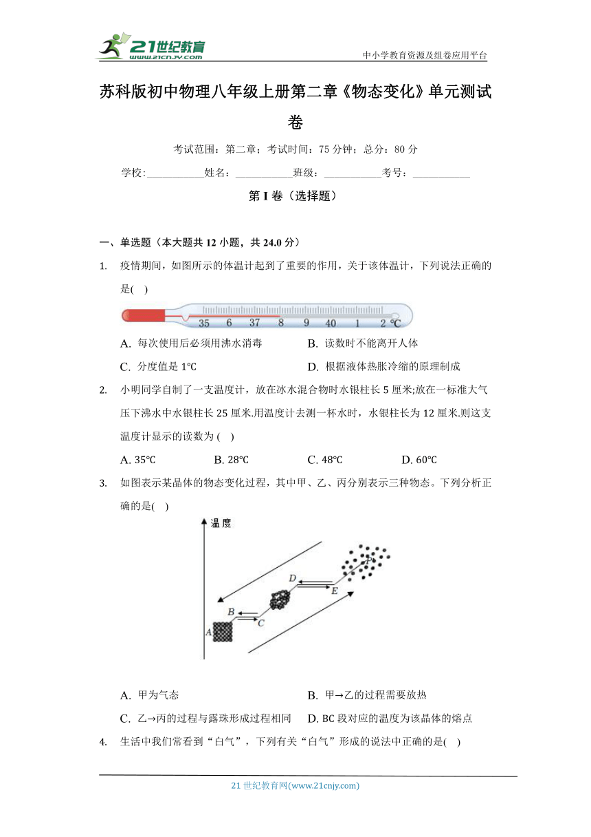 苏科版初中物理八年级上册第二章《物态变化》单元测试卷（标准难度）（含答案解析）