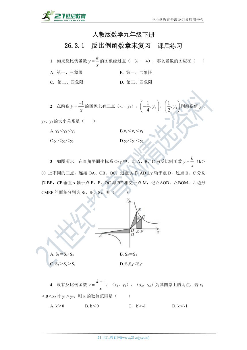 【精品原创】人教版数学九年级下册 26.3.1 《反比例函数章末复习》练习（含答案）