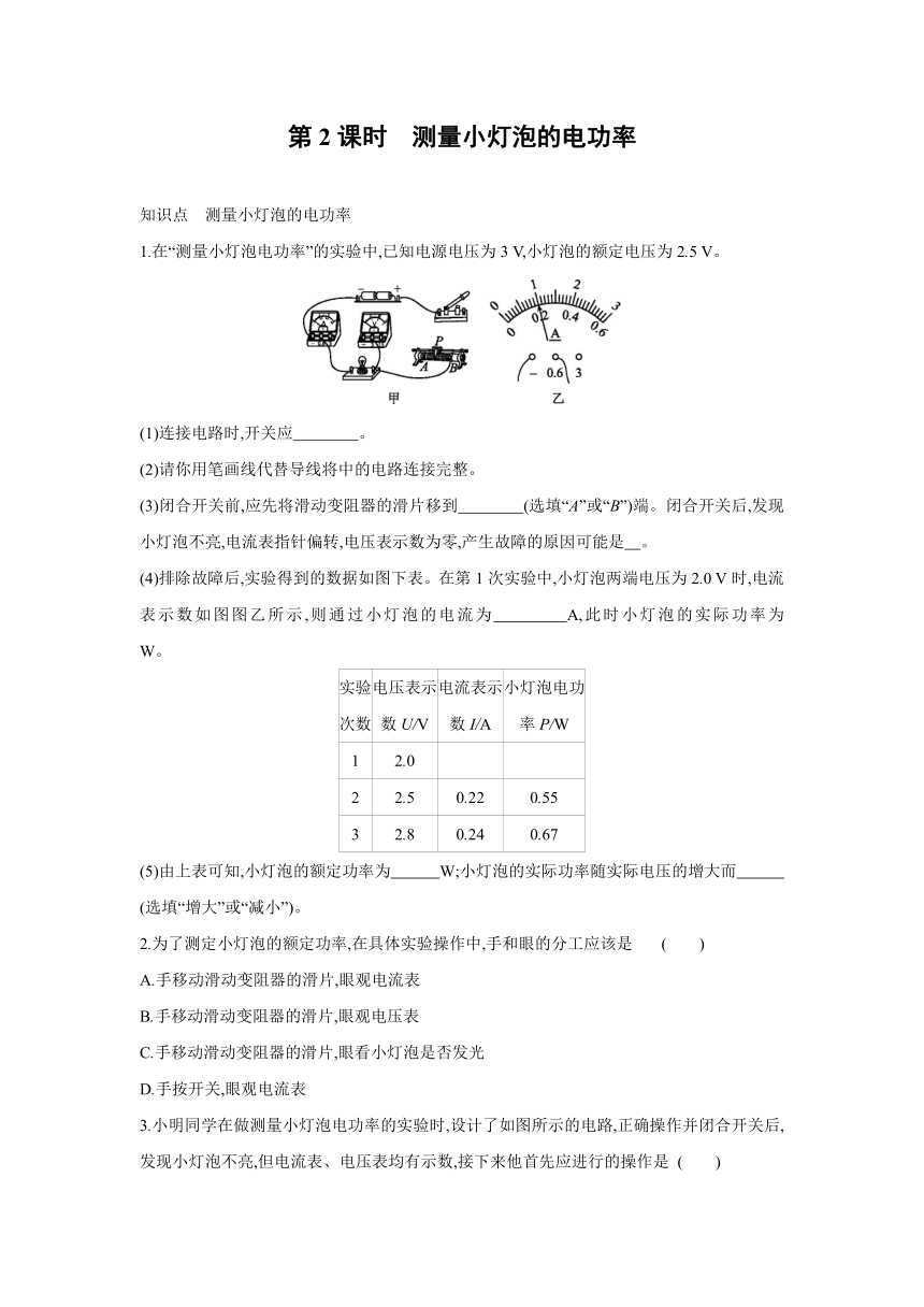 粤沪版物理九年级上册同步练习：15.3　怎样使用电器正常工作   第2课时　测量小灯泡的电功率（Word有答案）