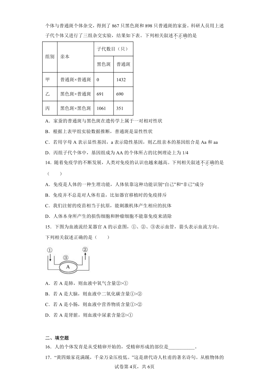 2023年湖北省荆州市生物中考真题试卷（含答案）