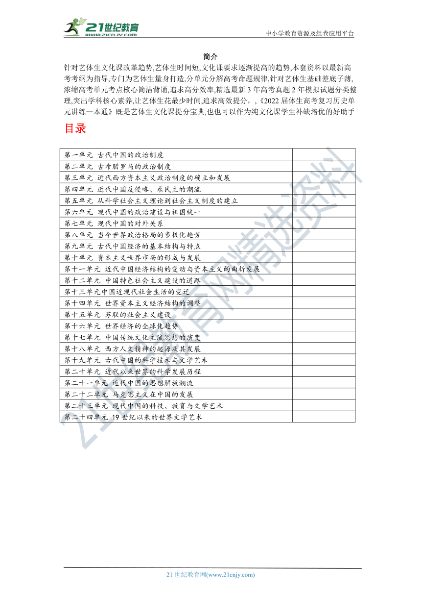 2022届艺体生高考复习历史单元讲练一本通简介+目录