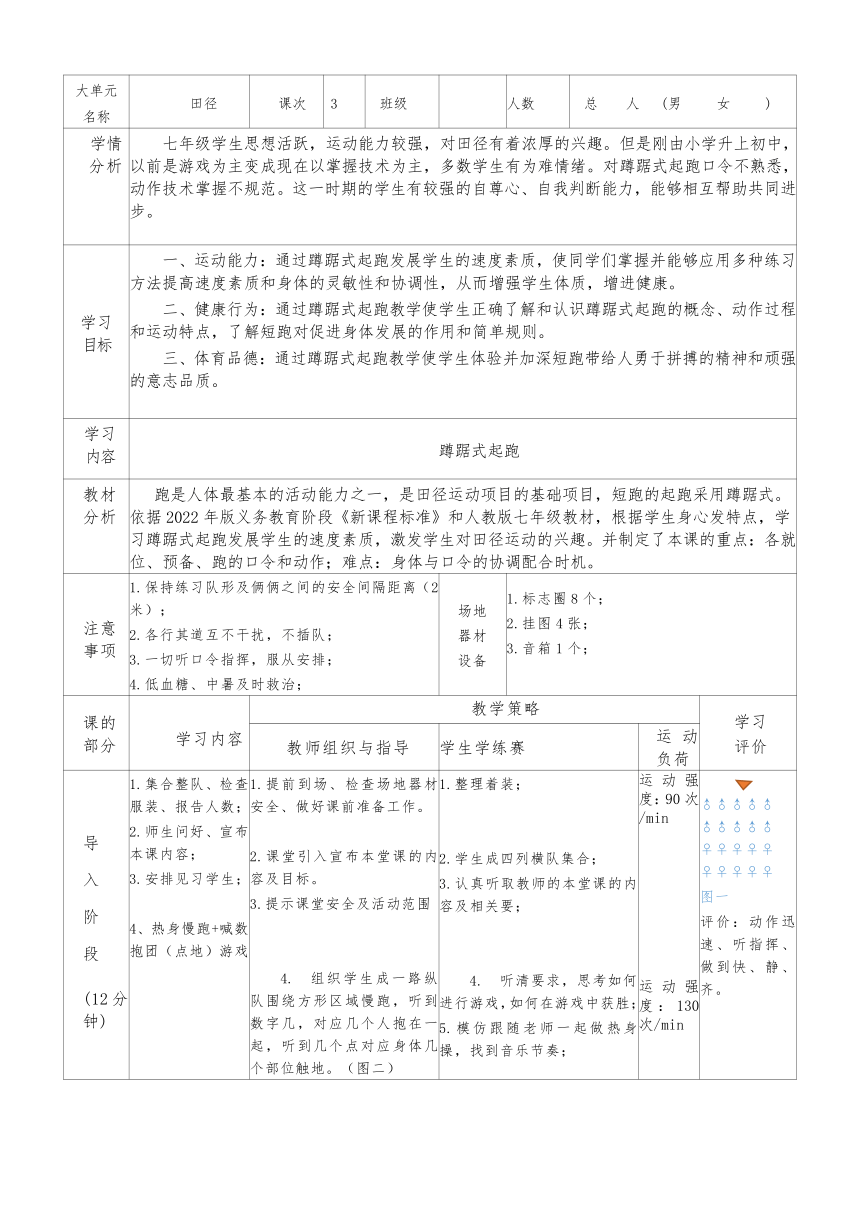 第二章 田径——蹲踞式起跑练习 教学设计（表格式） 2022—2023学年人教版初中体育与健康七年级全一册