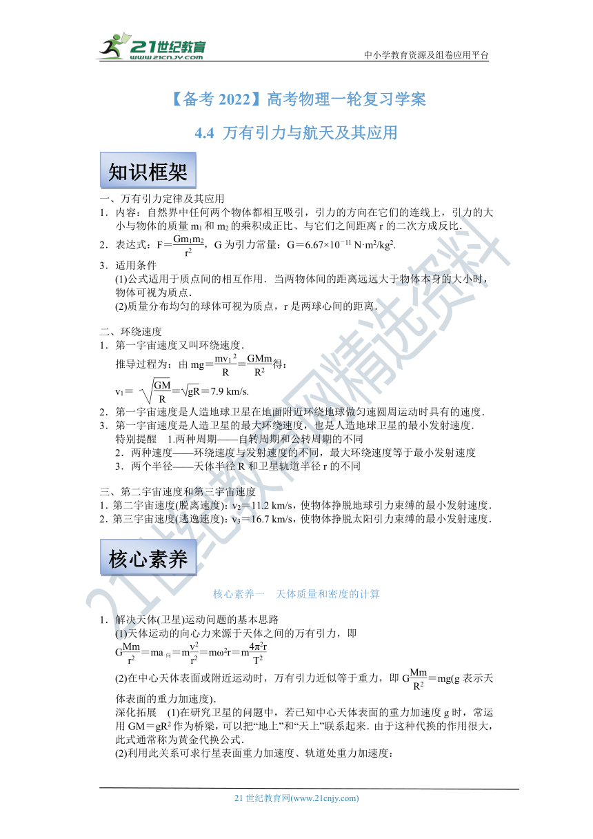 【备考2022】高考物理一轮复习学案  4.4 万有引力定律及其应用 有解析