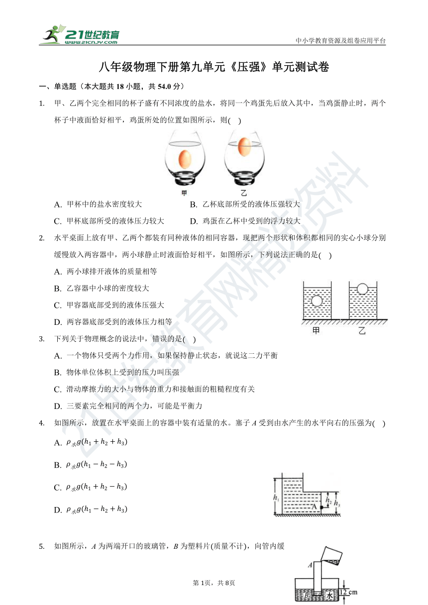 人教版八年级物理下册第九单元《压强》单元测试卷拔高卷(含解析）