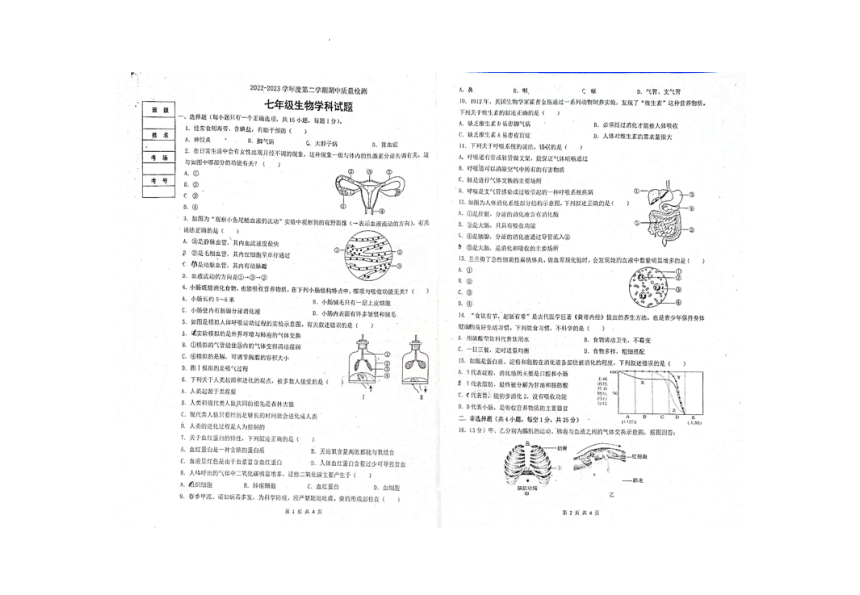 辽宁省葫芦岛市2022-2023学年七年级下学期期中生物试题（PDF版无答案）