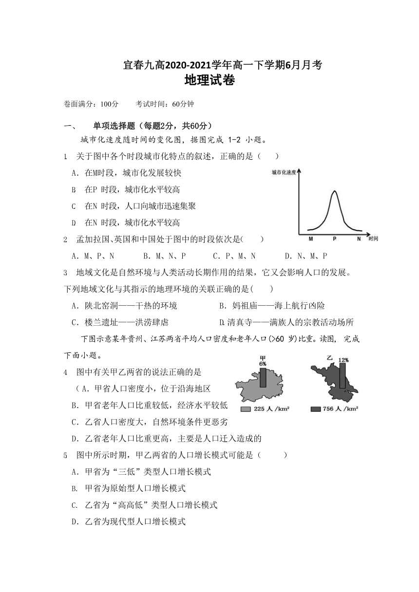 江西省宜春九高2020-2021学年高一下学期6月月考地理试题 Word版含答案