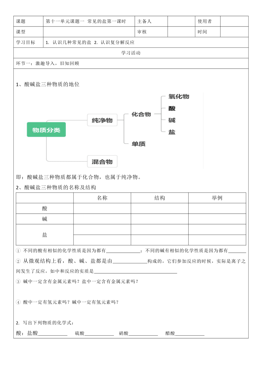 九年级化学人教版下册 11.1生活中常见的盐（第1课时）学案(表格式)(无答案)