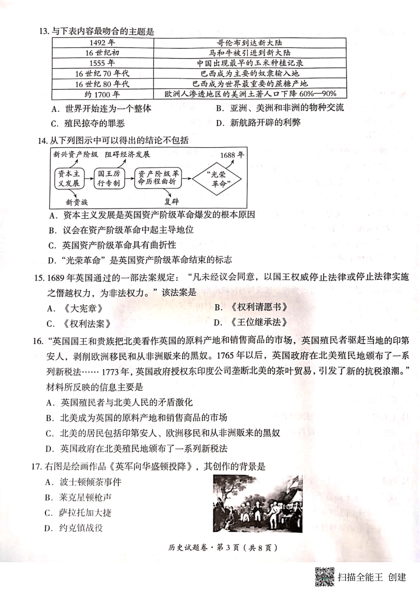 云南省曲靖市2022-2023学年九年级上学期期末教学质量监测历史试题（扫描版无答案）