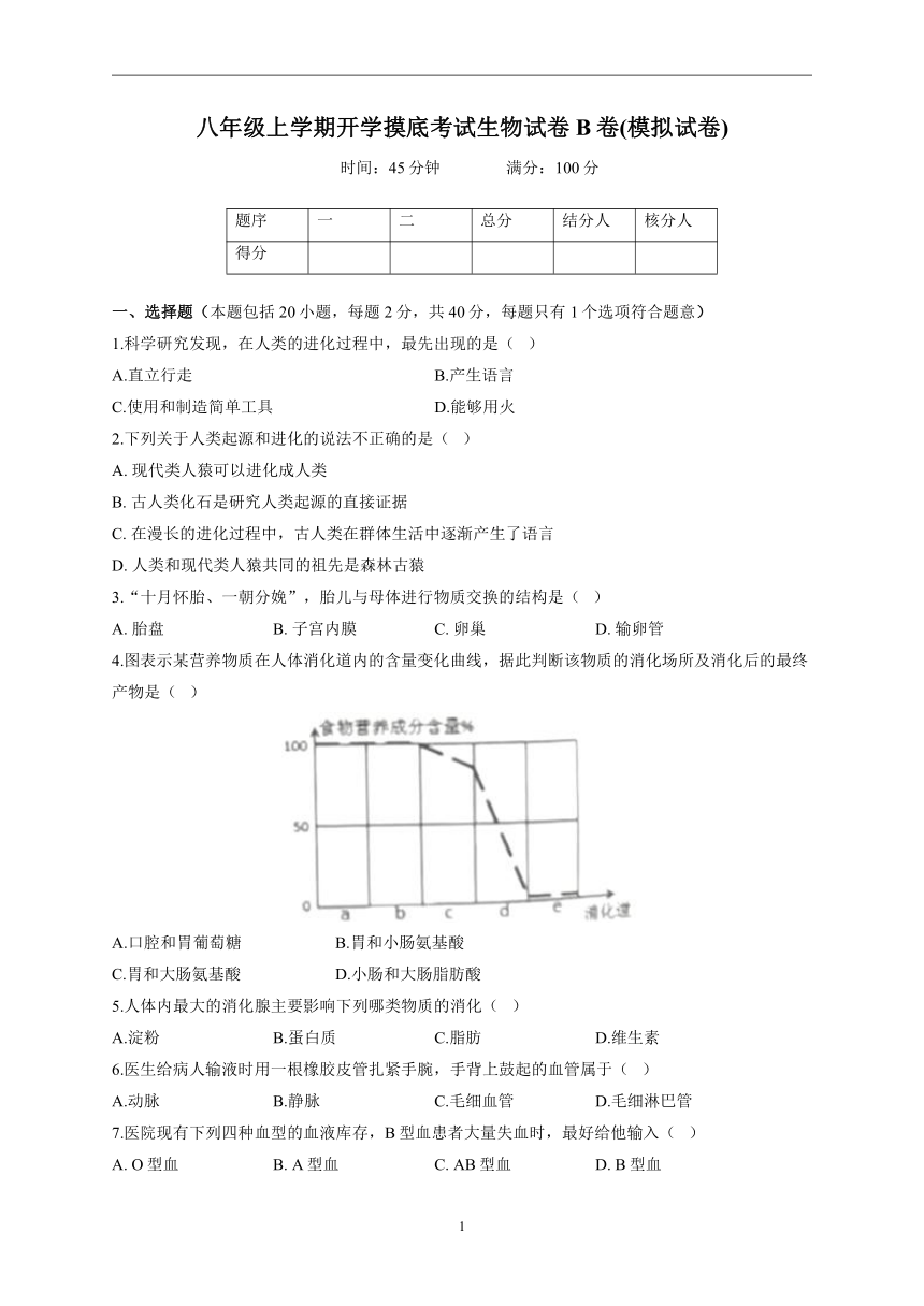 2022-2023学年人教版八年级上学期开学摸底考试生物试卷B卷(word版  含答案）