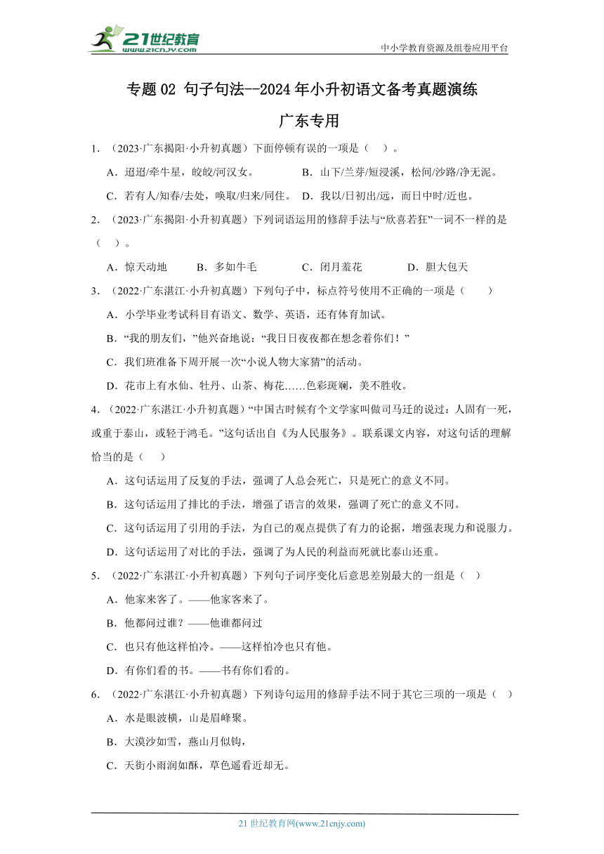 专题02 句子句法--2024年小升初语文备考真题演练（广东专用）（含答案）