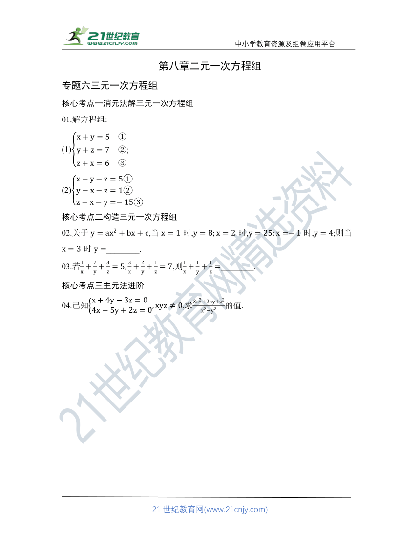 第八章 专题六 三元一次方程组   核心考点训练（含答案）