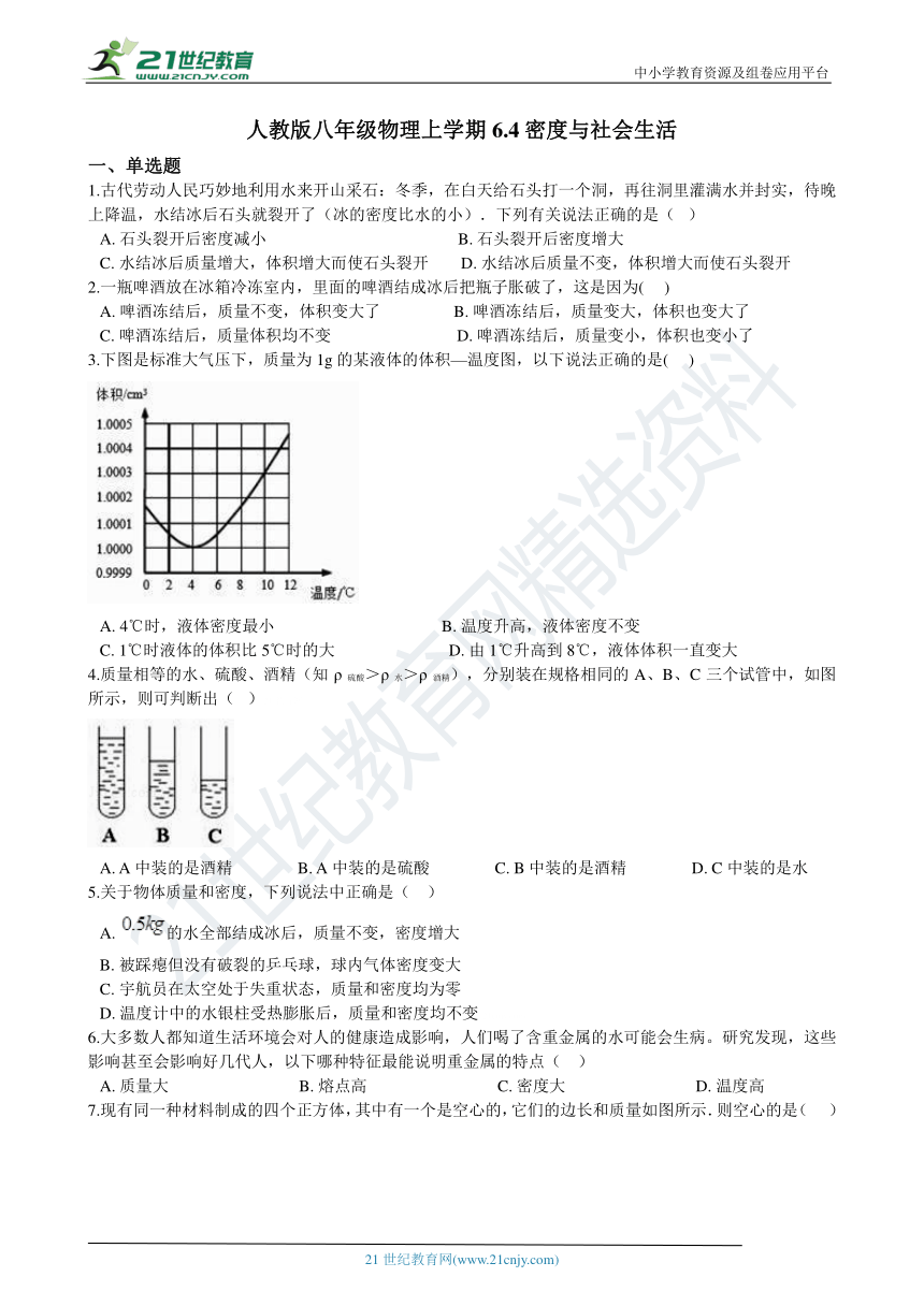 人教版八年级物理上学期6.4密度与社会生活同步练习（含答案及解析）