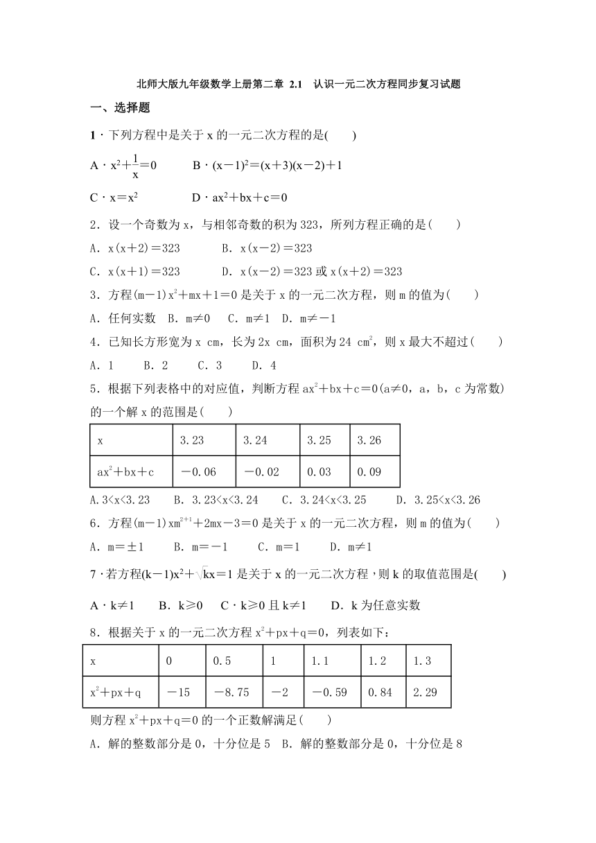 北师大版九年级数学上册   2.1　认识一元二次方程同步复习试题（Word版 含答案）