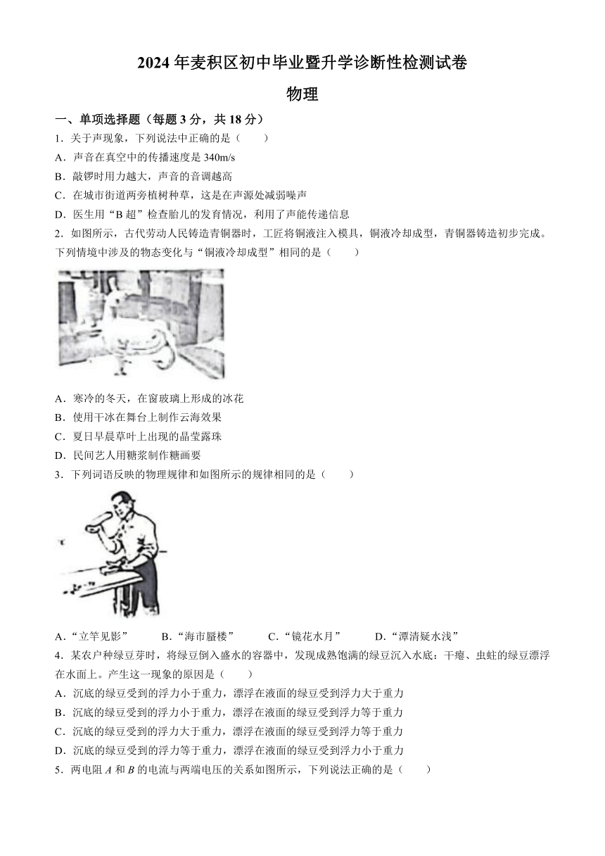 2024年甘肃省天水市麦积区初中毕业曁升学诊断检测物理试卷(含答案)