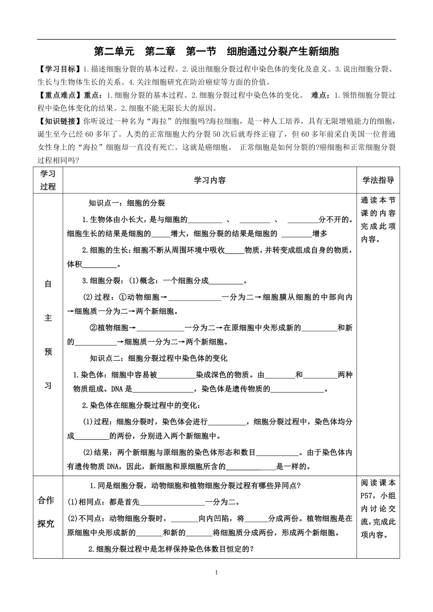 2022-2023学年度七年级第一学期生物同步课程2.2.1 细胞通过分裂产生新细胞 导学案（无答案）