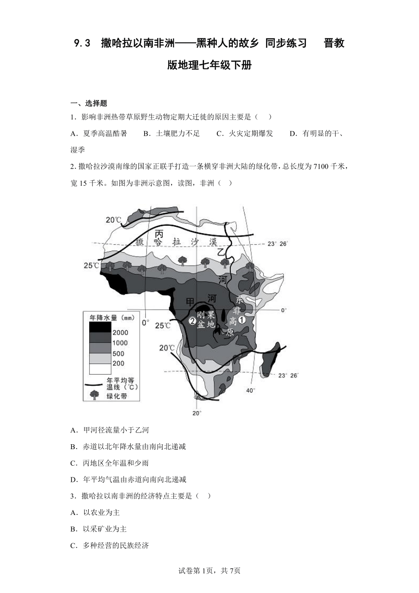 9.3 撒哈拉以南非洲——黑种人的故乡 同步练习 （含答案）晋教版地理七年级下册