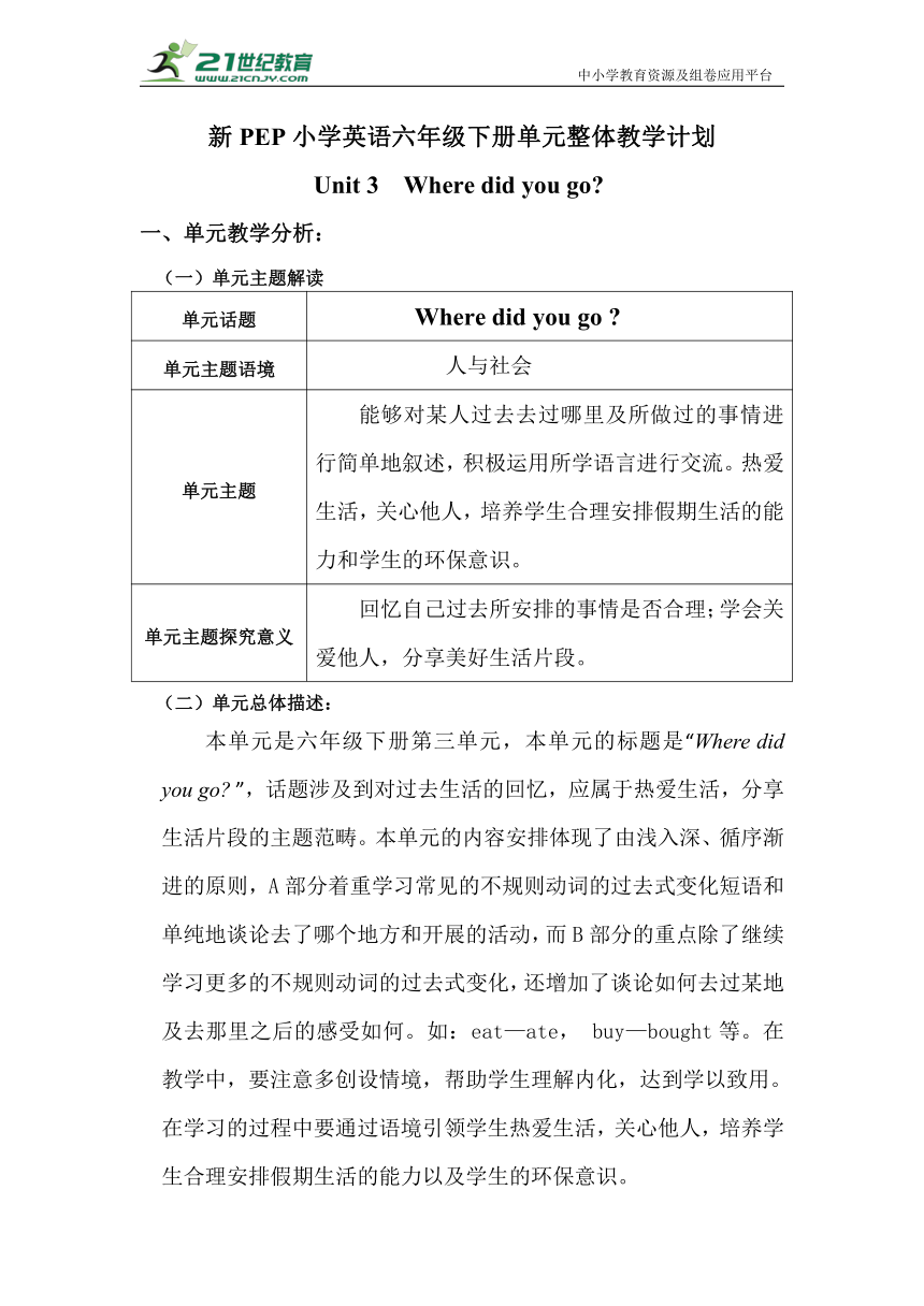 【新课标】人教PEP六年级下册 Unit3单元整体教学计划