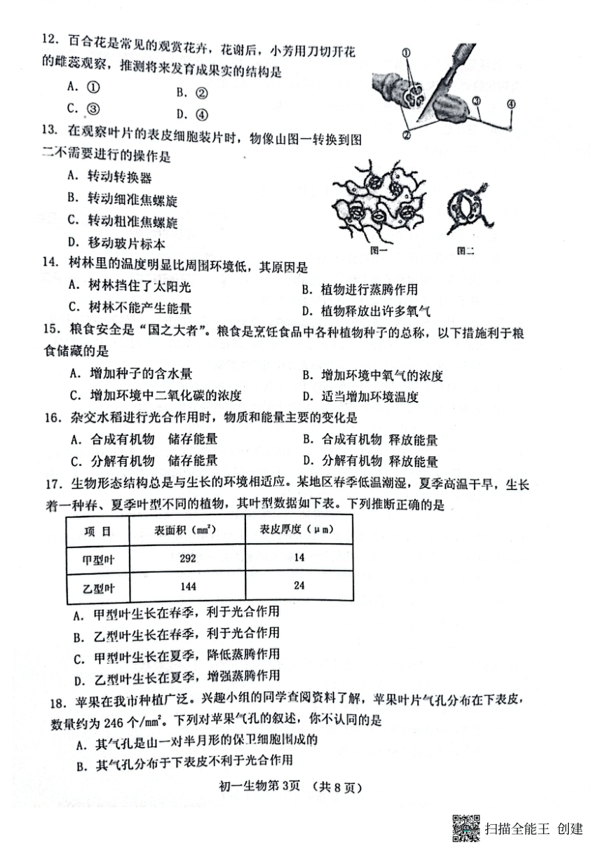 山东省烟台市海阳市2022-2023学年六年级下学期7月期末生物试题 （pdf版 无答案）