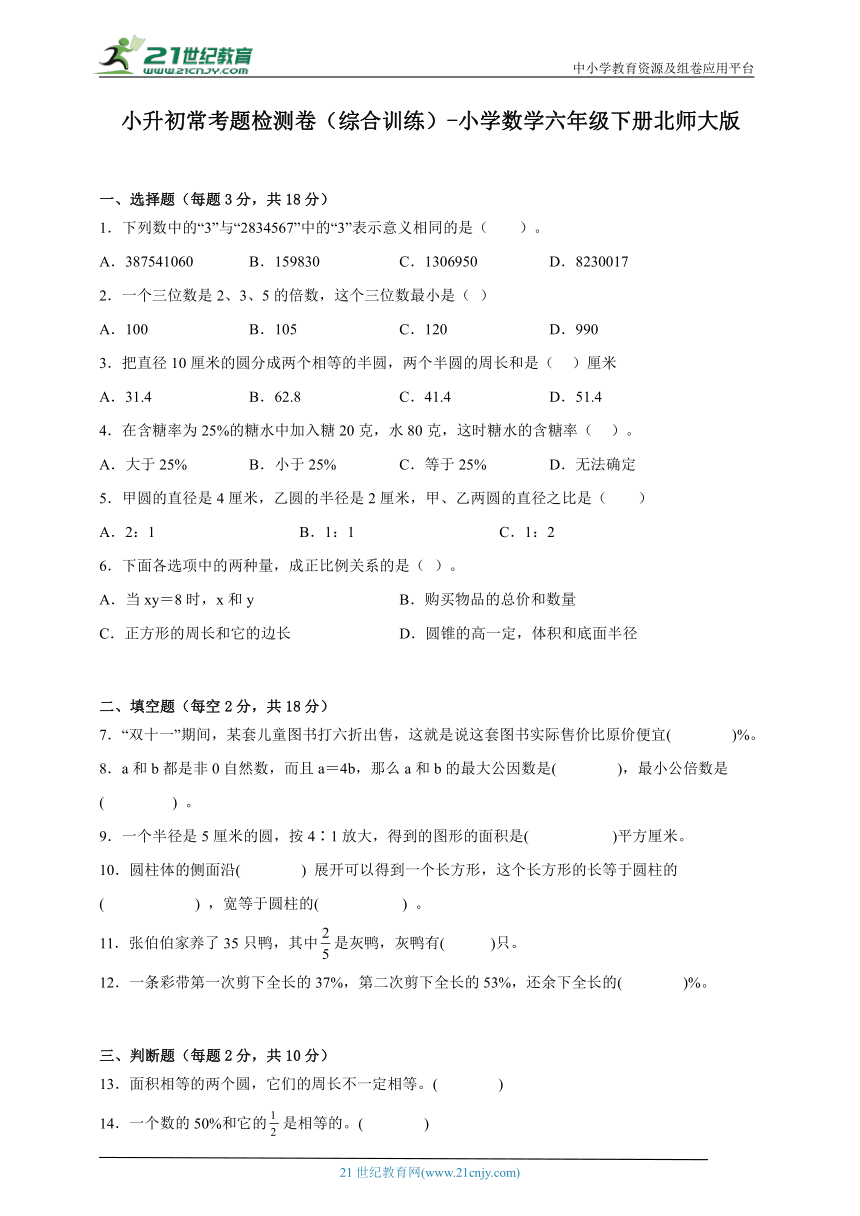 小升初常考题检测卷（综合训练）-小学数学六年级下册北师大版（含答案）