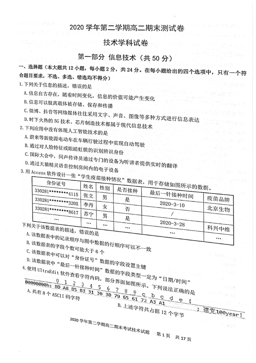 浙江省宁波市慈溪市2020-2021学年高二下学期期末测试技术试题 （图片版含答案）