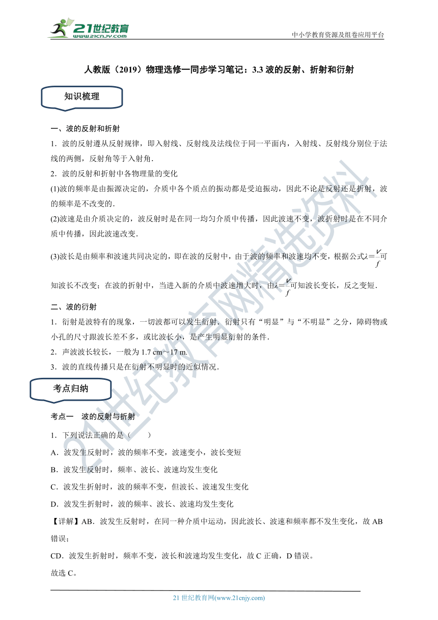 人教版（2019）物理选修一同步学习笔记：3.3波的反射、折射和衍射（有解析）