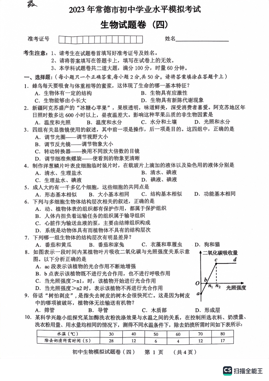 2023年湖南省常德市初中学业水平模拟考试生物试卷（四）（pdf版无答案）