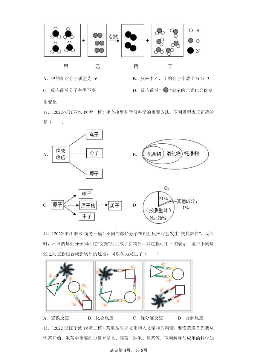 浙江省2022年中考科学模拟题汇编-43构成物质的微粒（选择题）（含解析）